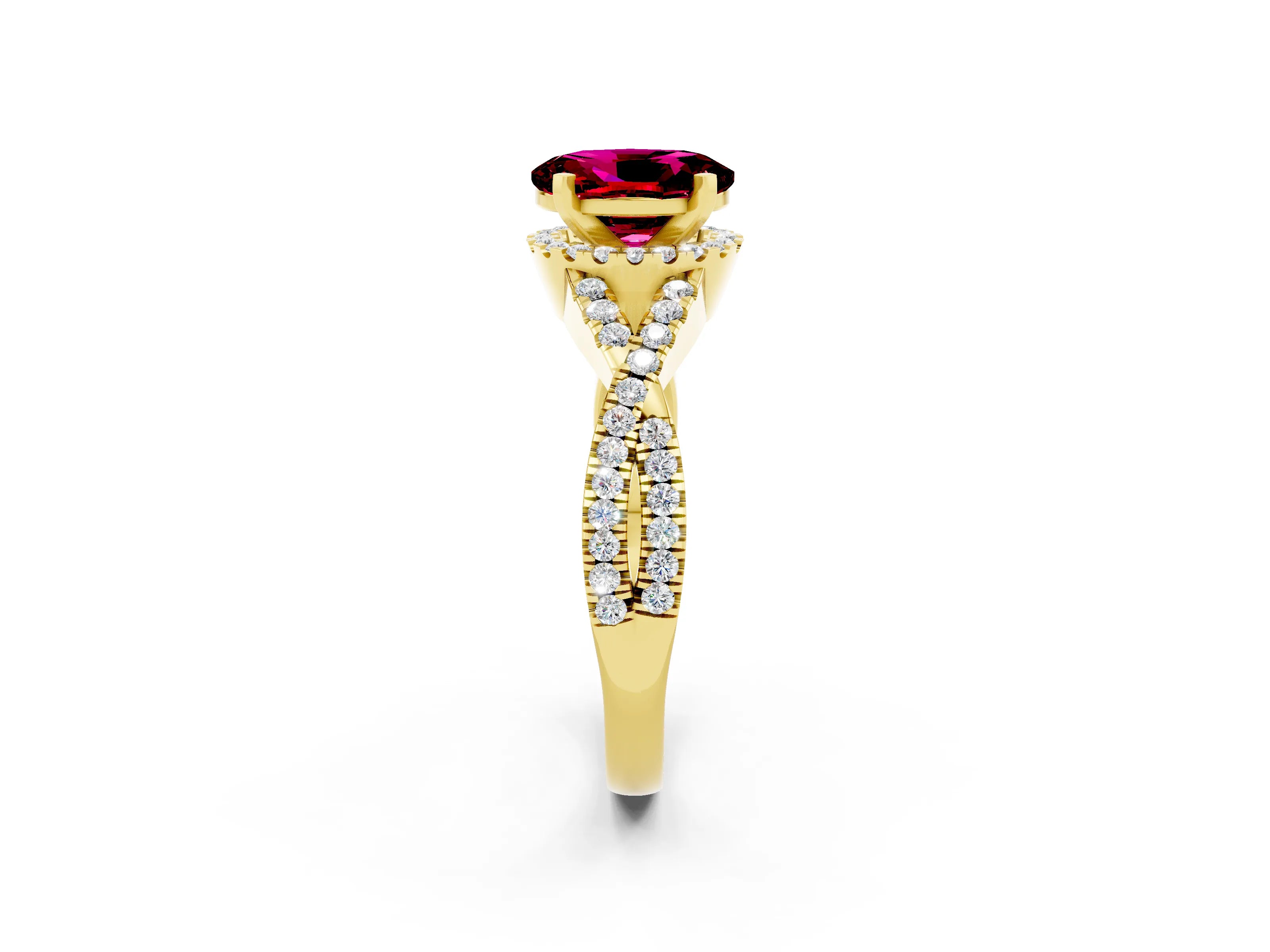 Yellow gold Oval Cut Garnet Halo Twist Band Solitaire Prong Setting Ring_2