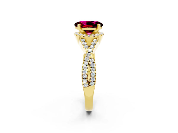 Yellow gold Oval Cut Garnet  Halo Twist Band Solitaire Prong Setting Ring