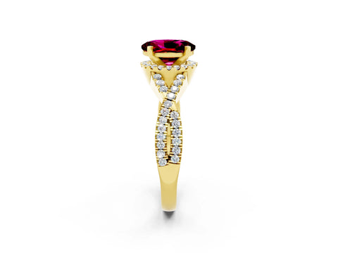 Yellow gold Oval Cut Garnet Halo Twist Band Solitaire Prong Setting Ring_2