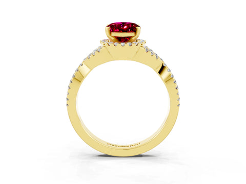 Yellow gold Oval Cut Garnet Halo Twist Band Solitaire Prong Setting Ring_3