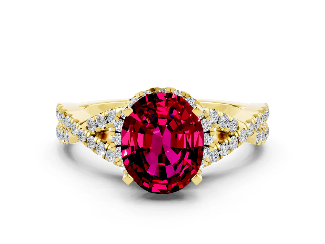 Yellow gold Oval Cut Garnet  Halo Twist Band Solitaire Prong Setting Ring_42