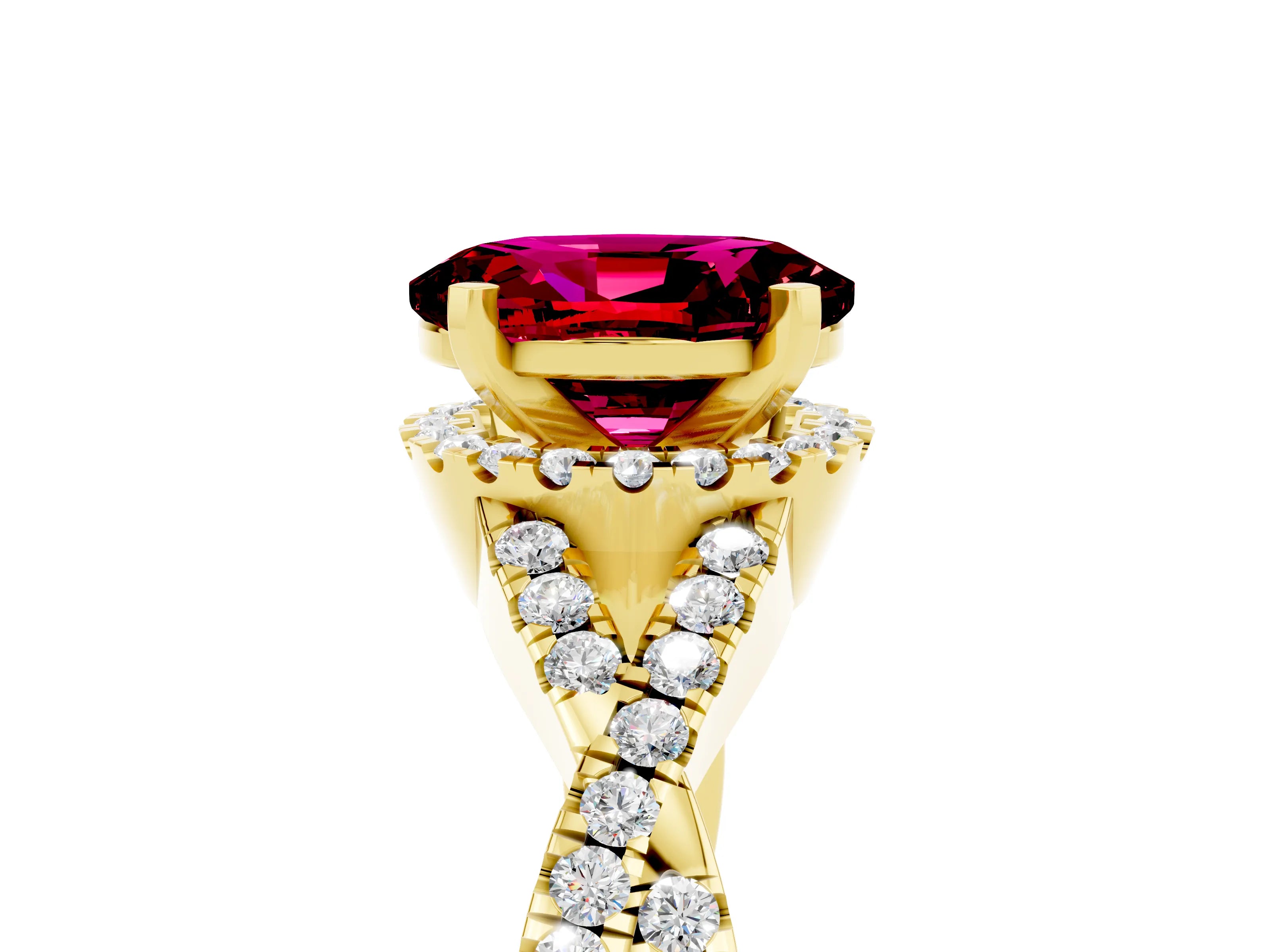 Yellow gold Oval Cut Garnet Halo Twist Band Solitaire Prong Setting Ring_5