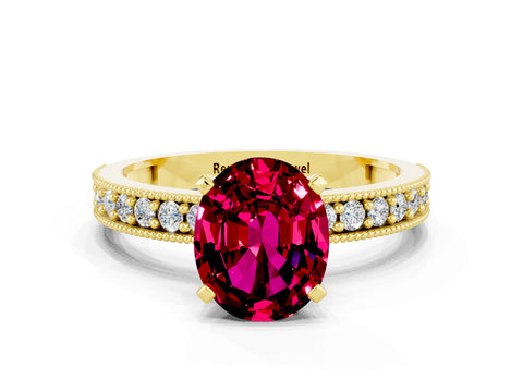 Yellow gold Oval Cut Garnet Milgrain Pavé Engagement Ring with Four-Prong Setting_12