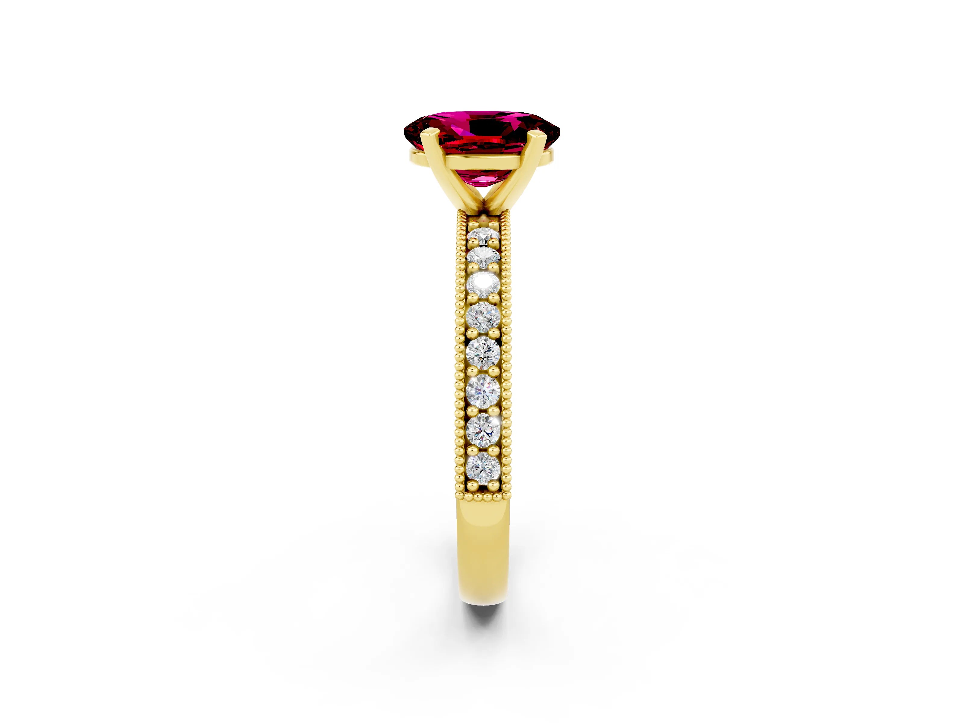 Yellow gold Oval Cut Garnet Milgrain Pavé Engagement Ring with Four-Prong Setting_14