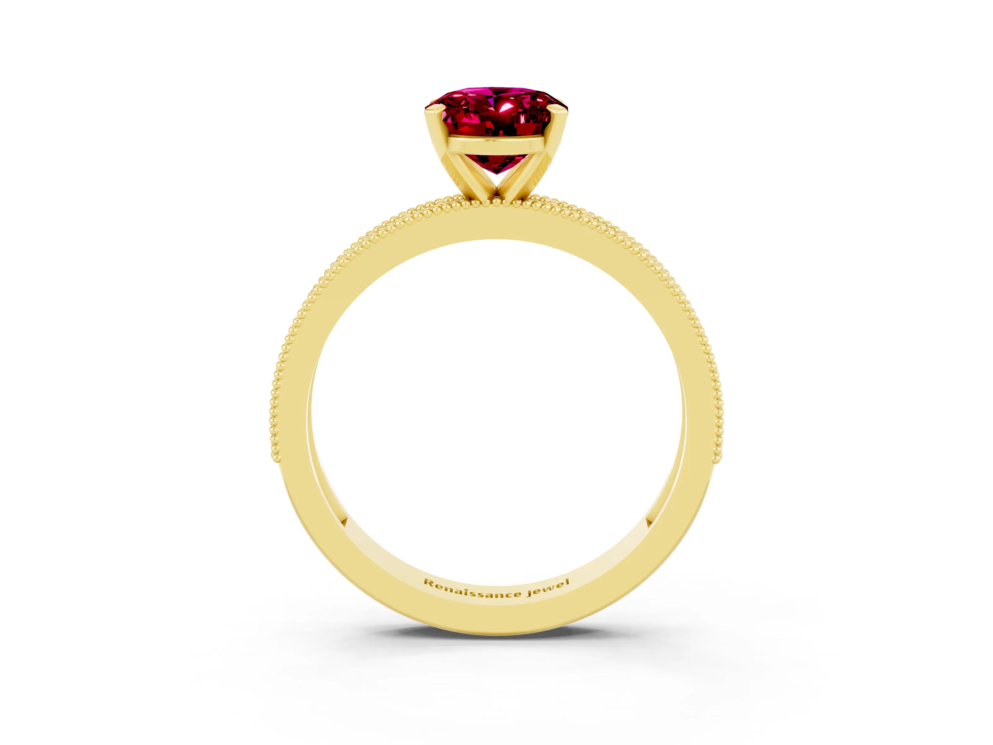 Yellow gold Oval Cut Garnet Milgrain Pavé Engagement Ring with Four-Prong Setting_15