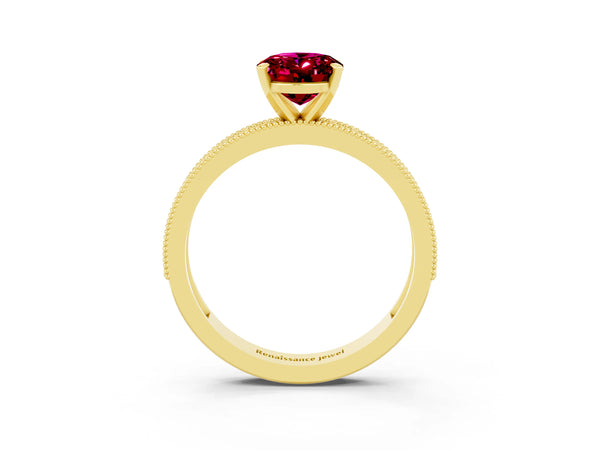 Yellow gold Oval Cut Garnet Milgrain Pavé Engagement Ring with Four-Prong Setting