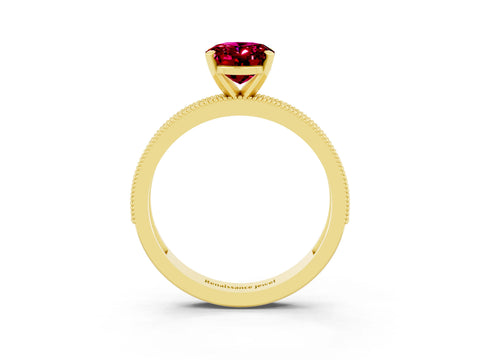 Yellow gold Oval Cut Garnet Milgrain Pavé Engagement Ring with Four-Prong Setting_15