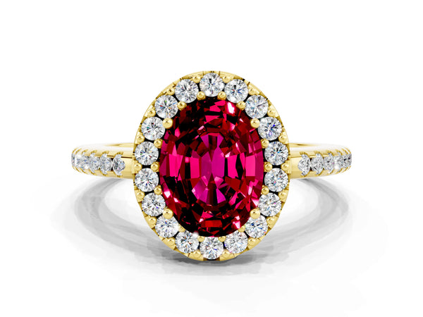 Yellow gold Oval Cut Garnet Pavé Halo Ring with Four-Prong Setting