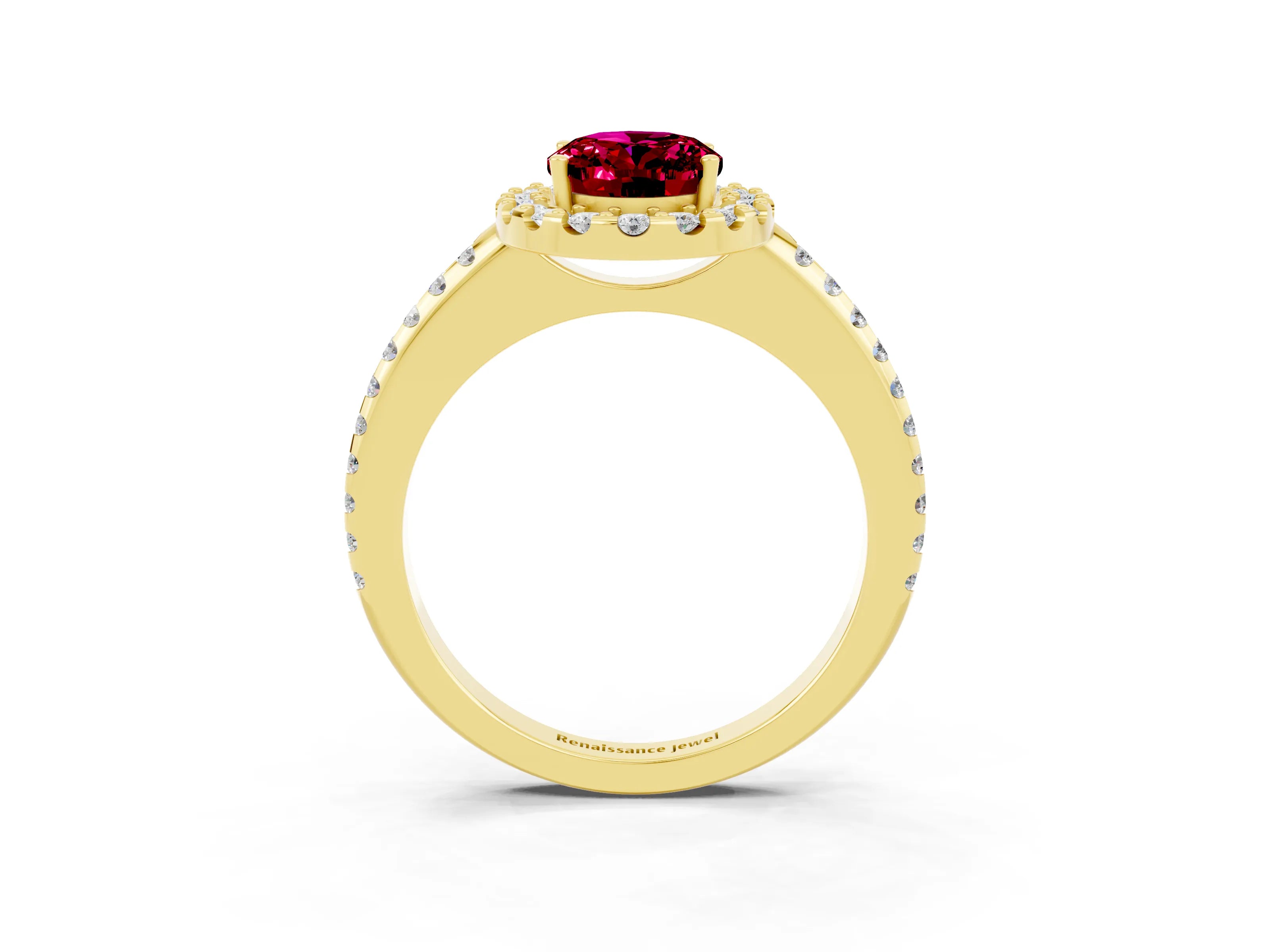 Yellow gold Oval Cut Garnet Pavé Halo Ring with Four-Prong Setting_15