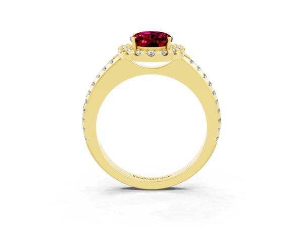 Yellow gold Oval Cut Garnet Pavé Halo Ring with Four-Prong Setting