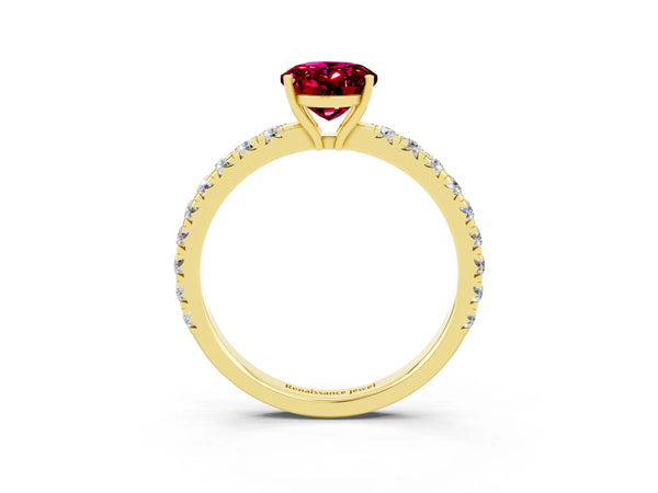 Yellow gold Oval Cut Garnet Pavé Solitaire Engagement Ring with Four-Prong Setting