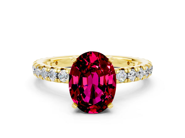 Yellow gold Oval Cut Garnet Pavé Solitaire Ring with Round Band and Prong Setting