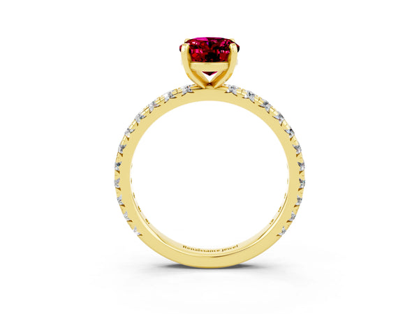 Yellow gold Oval Cut Garnet Pavé Solitaire Ring with Round Band and Prong Setting