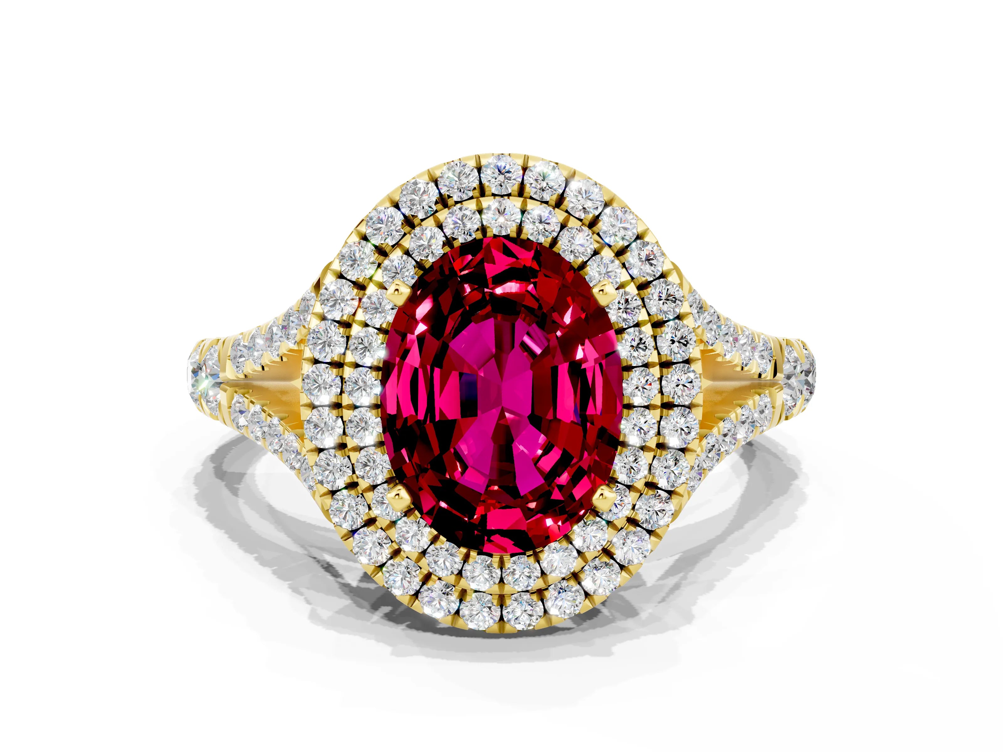 Yellow gold Oval Cut Garnet Pavé Split Shank Double Halo Engagement Ring
