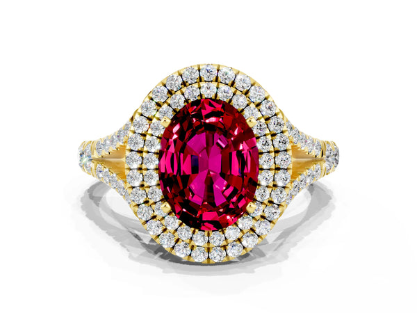 Yellow gold Oval Cut Garnet Pavé Split Shank Double Halo Engagement Ring