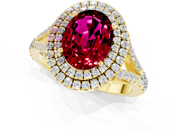 Yellow gold Oval Cut Garnet Pavé Split Shank Double Halo Engagement Ring