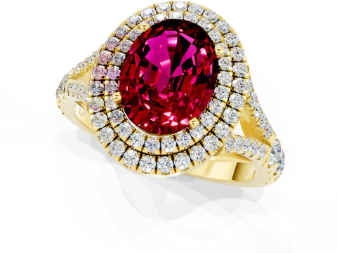 Yellow gold Oval Cut Garnet Pavé Split Shank Double Halo Engagement Ring_1