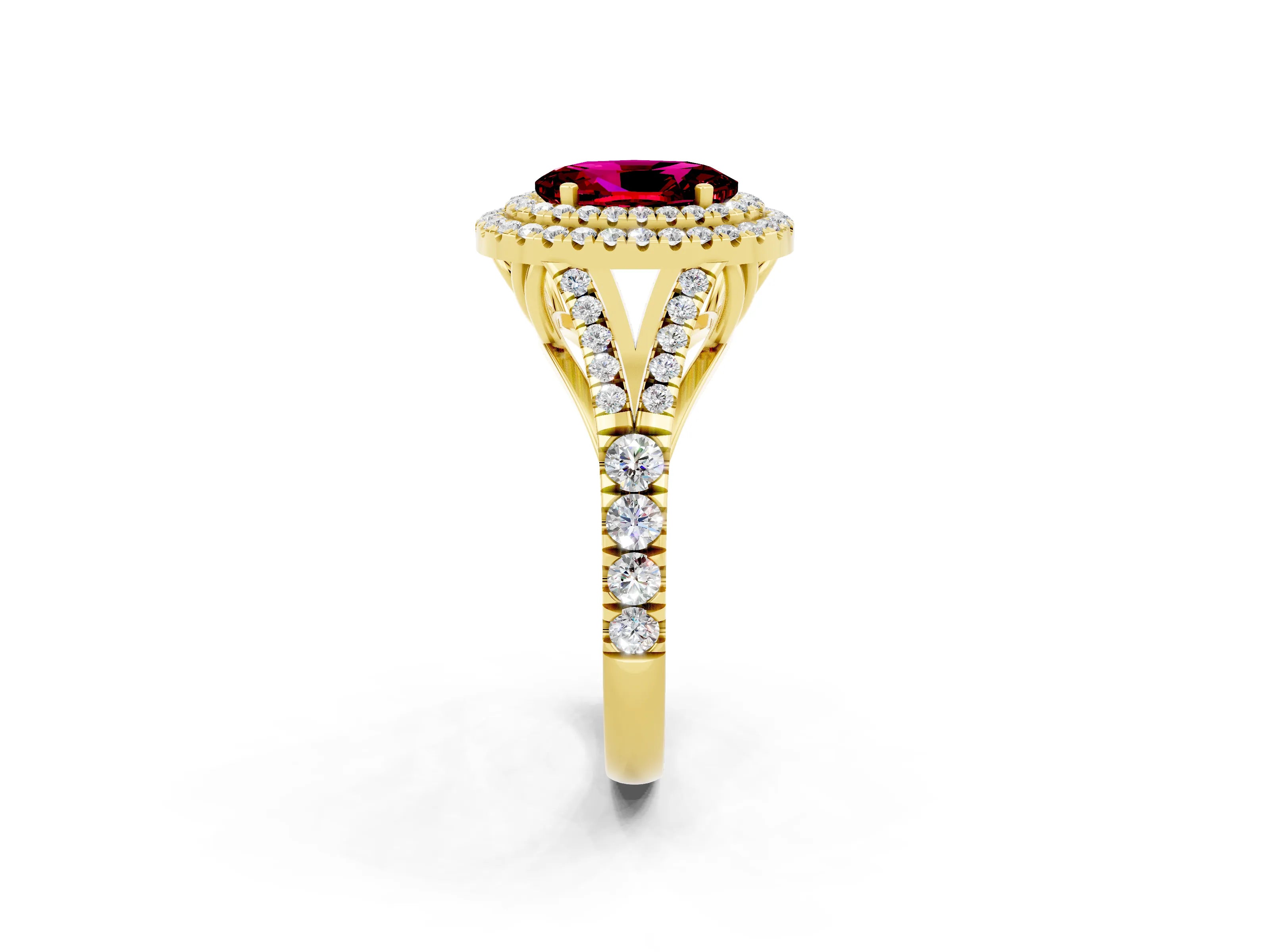 Yellow gold Oval Cut Garnet Pavé Split Shank Double Halo Engagement Ring_2