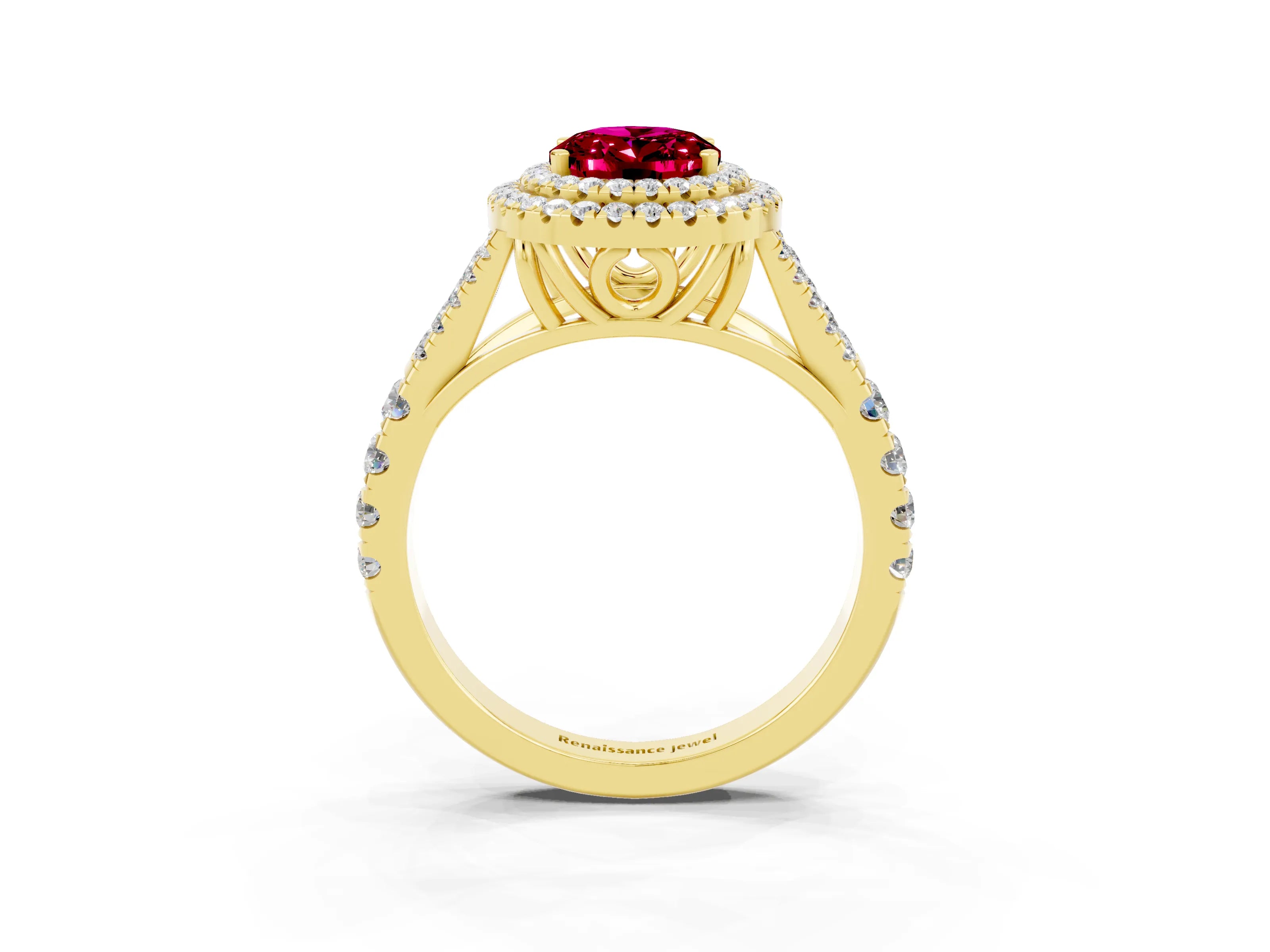 Yellow gold Oval Cut Garnet Pavé Split Shank Double Halo Engagement Ring_3