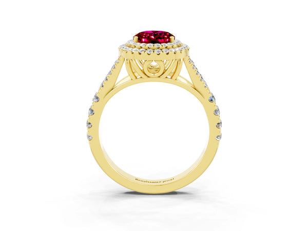 Yellow gold Oval Cut Garnet Pavé Split Shank Double Halo Engagement Ring