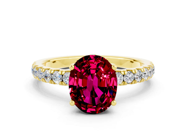 Yellow gold Oval Cut Garnet Pave Band Solitaire Ring with Round  and Prong Setting