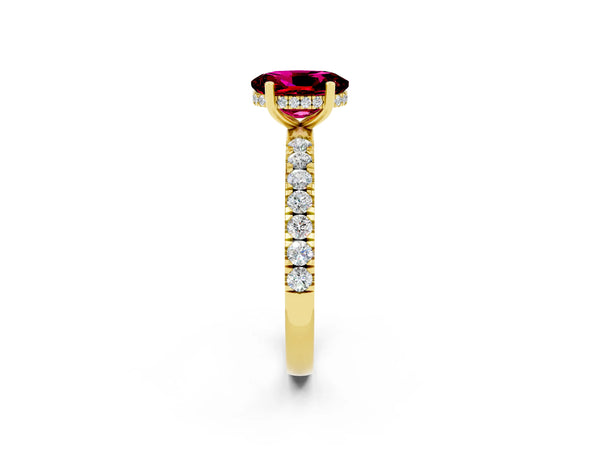 Yellow gold Oval Cut Garnet Pave Band Solitaire Ring with Round  and Prong Setting