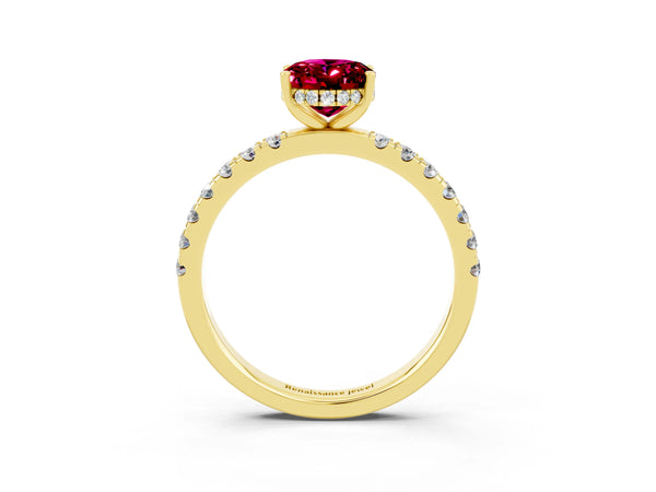 Yellow gold Oval Cut Garnet Pave Band Solitaire Ring with Round  and Prong Setting