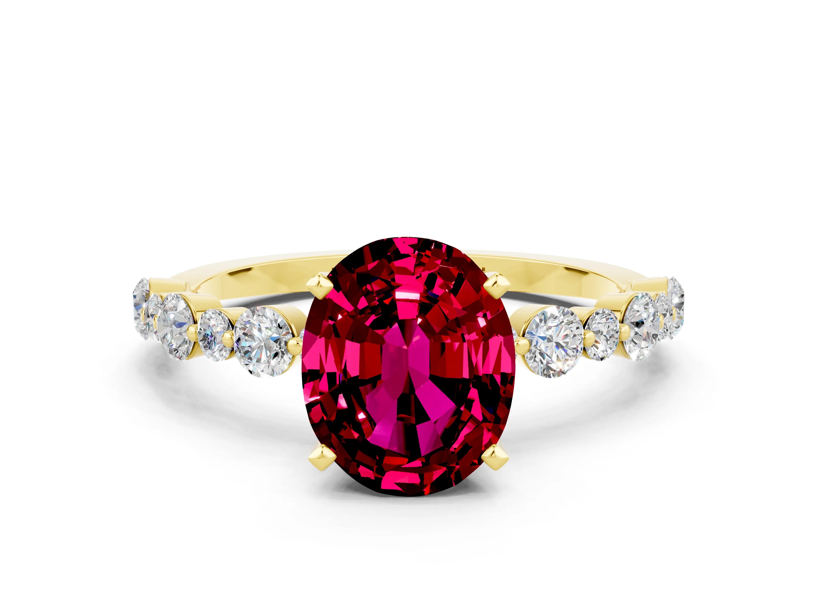 Yellow gold Oval Cut Garnet Prong Set Engagement Ring with Pavé Band