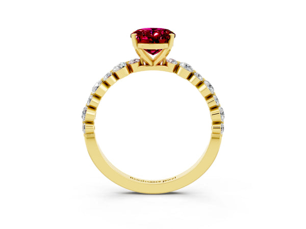 Yellow gold Oval Cut Garnet Prong Set Engagement Ring with Pavé Band