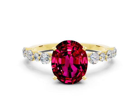 Yellow gold Oval Cut Garnet Prong Set Engagement Ring with Pavé Band