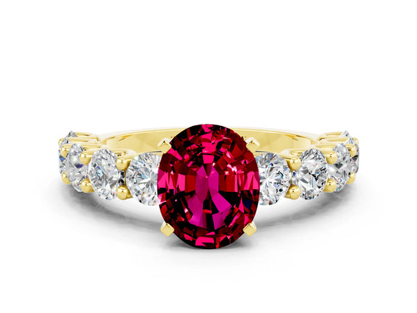 Yellow gold Oval Cut Garnet Prong Setting with Side Stones on a Pave Band