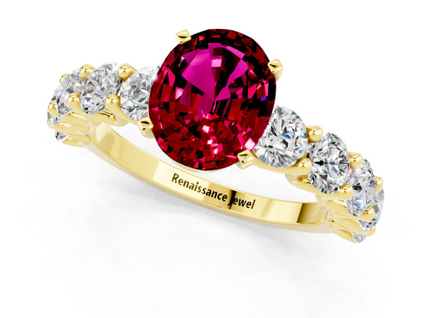 Yellow gold Oval Cut Garnet Prong Setting with Side Stones on a Pave Band