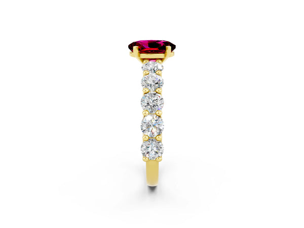 Yellow gold Oval Cut Garnet Prong Setting with Side Stones on a Pave Band