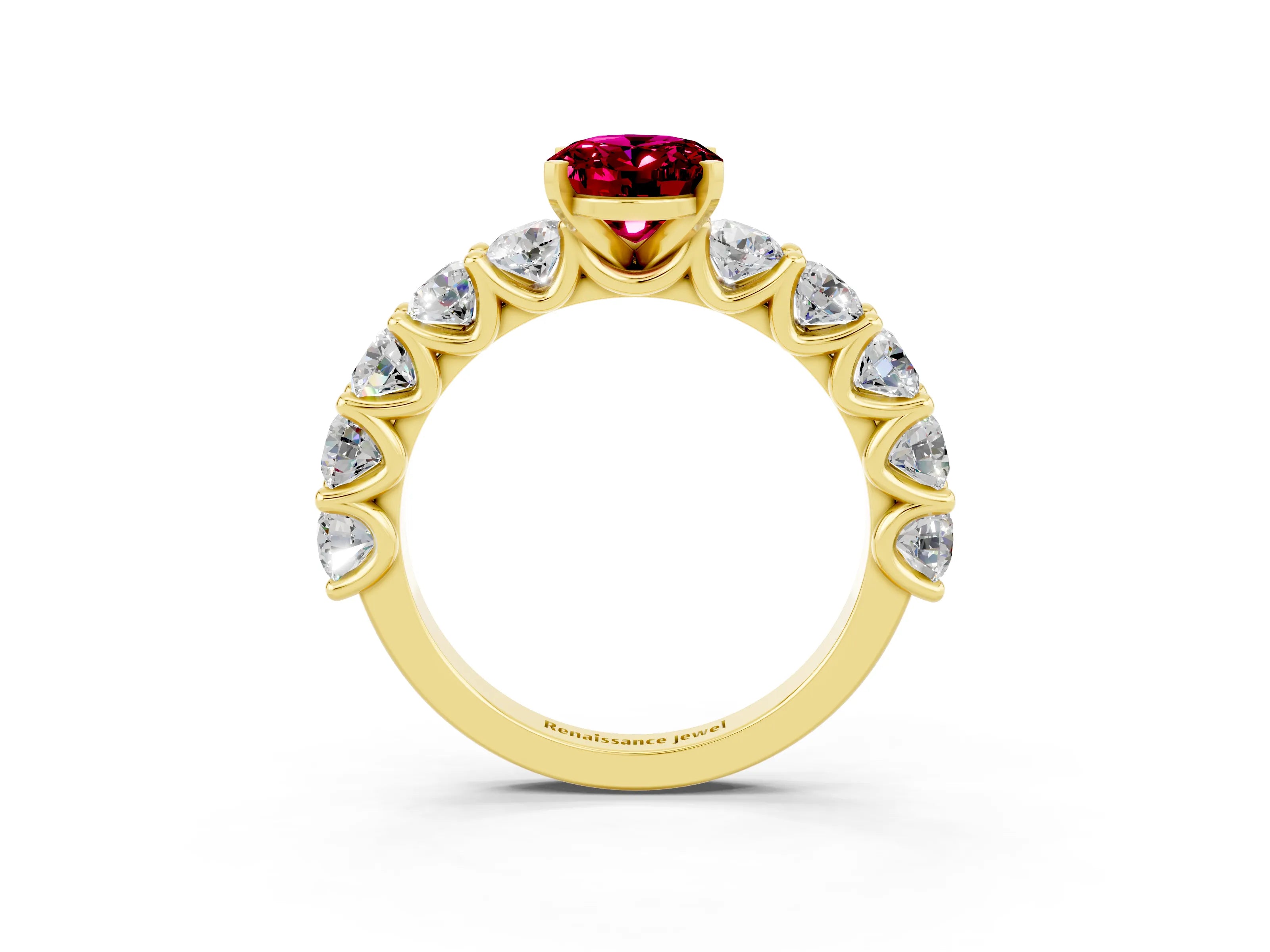 Yellow gold Oval Cut Garnet Prong Setting with Side Stones on a Pave Band_3