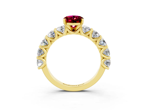 Yellow gold Oval Cut Garnet Prong Setting with Side Stones on a Pave Band