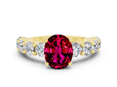 Yellow gold Oval Cut Garnet Prong Setting with Side Stones on a Pave Band