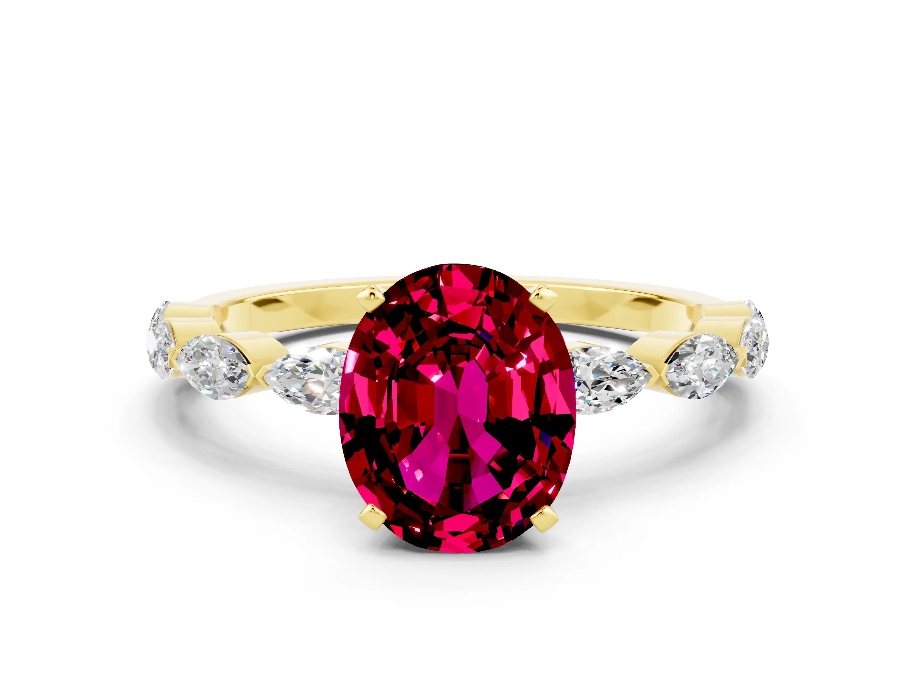 Yellow gold Oval Cut Garnet Ring with Marquise Side Stones and Prong Setting