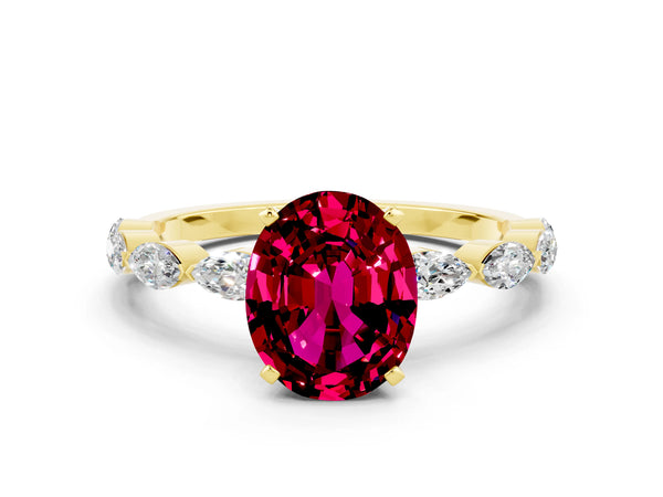 Yellow gold Oval Cut Garnet Ring with Marquise Side Stones and Prong Setting