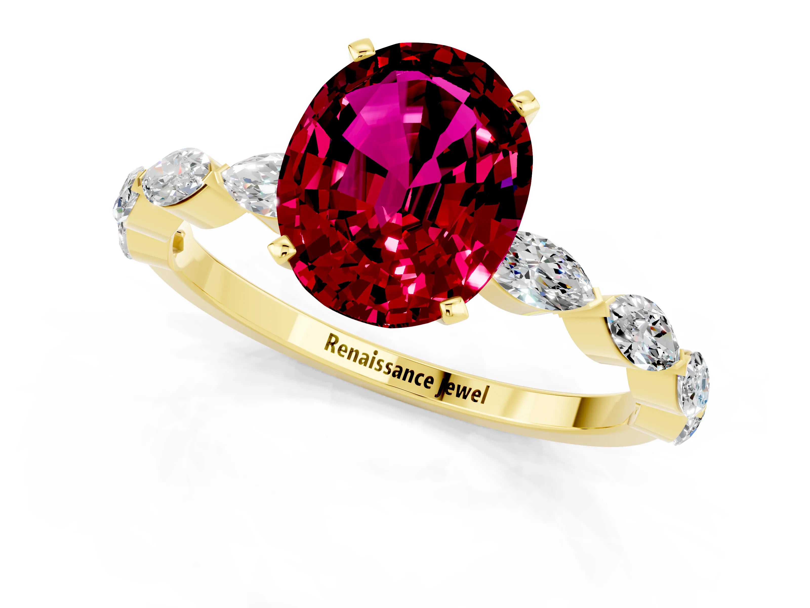 Yellow gold Oval Cut Garnet Ring with Marquise Side Stones and Prong Setting_1