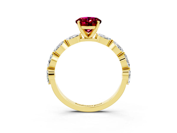 Yellow gold Oval Cut Garnet Ring with Marquise Side Stones and Prong Setting