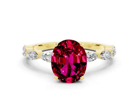 Yellow gold Oval Cut Garnet Ring with Marquise Side Stones and Prong Setting