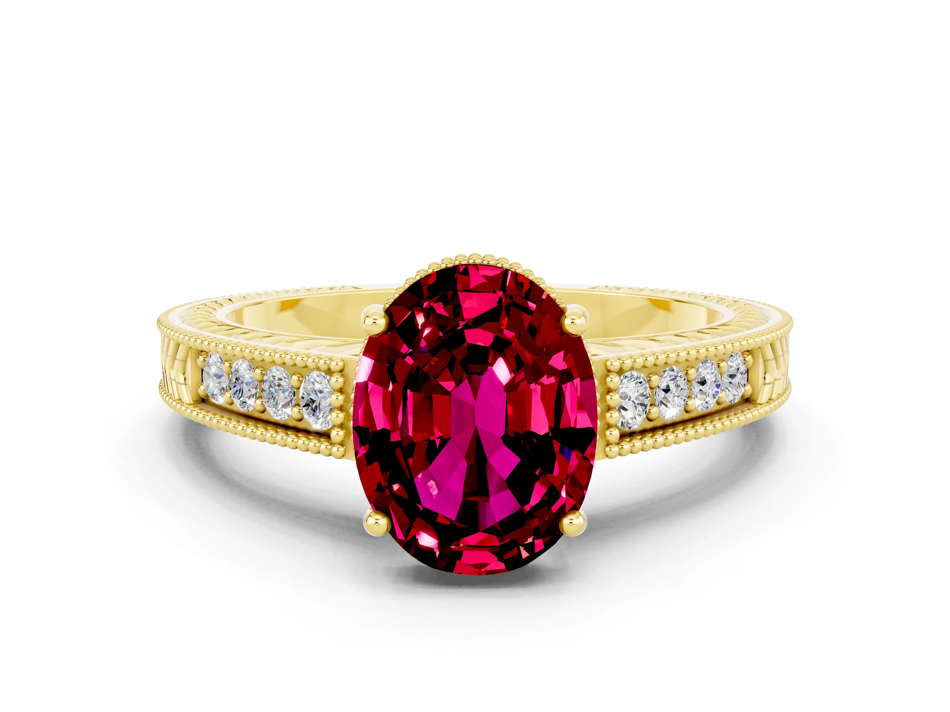Yellow gold Oval Cut Garnet Ring with Milgrain Pavé Band and Four-Prong Setting_12
