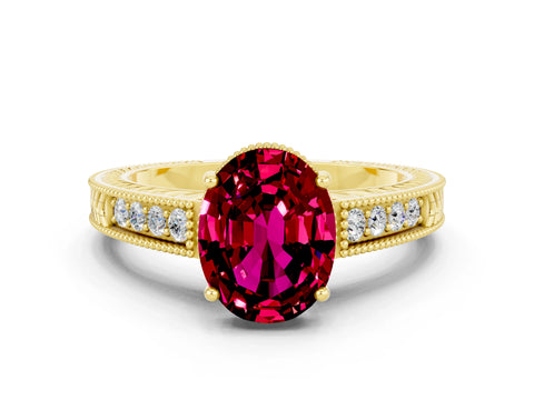 Yellow gold Oval Cut Garnet Ring with Milgrain Pavé Band and Four-Prong Setting_12