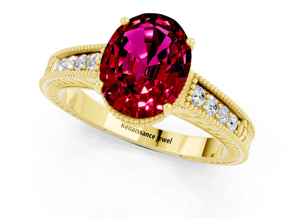Yellow gold Oval Cut Garnet Ring with Milgrain Pavé Band and Four-Prong Setting