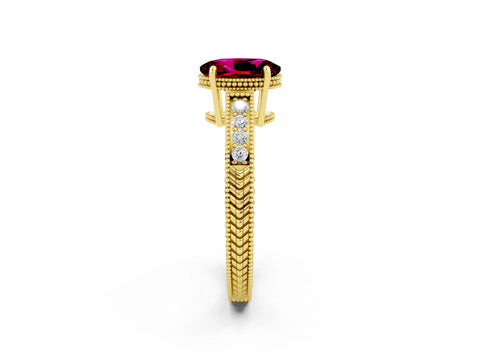 Yellow gold Oval Cut Garnet Ring with Milgrain Pavé Band and Four-Prong Setting_14