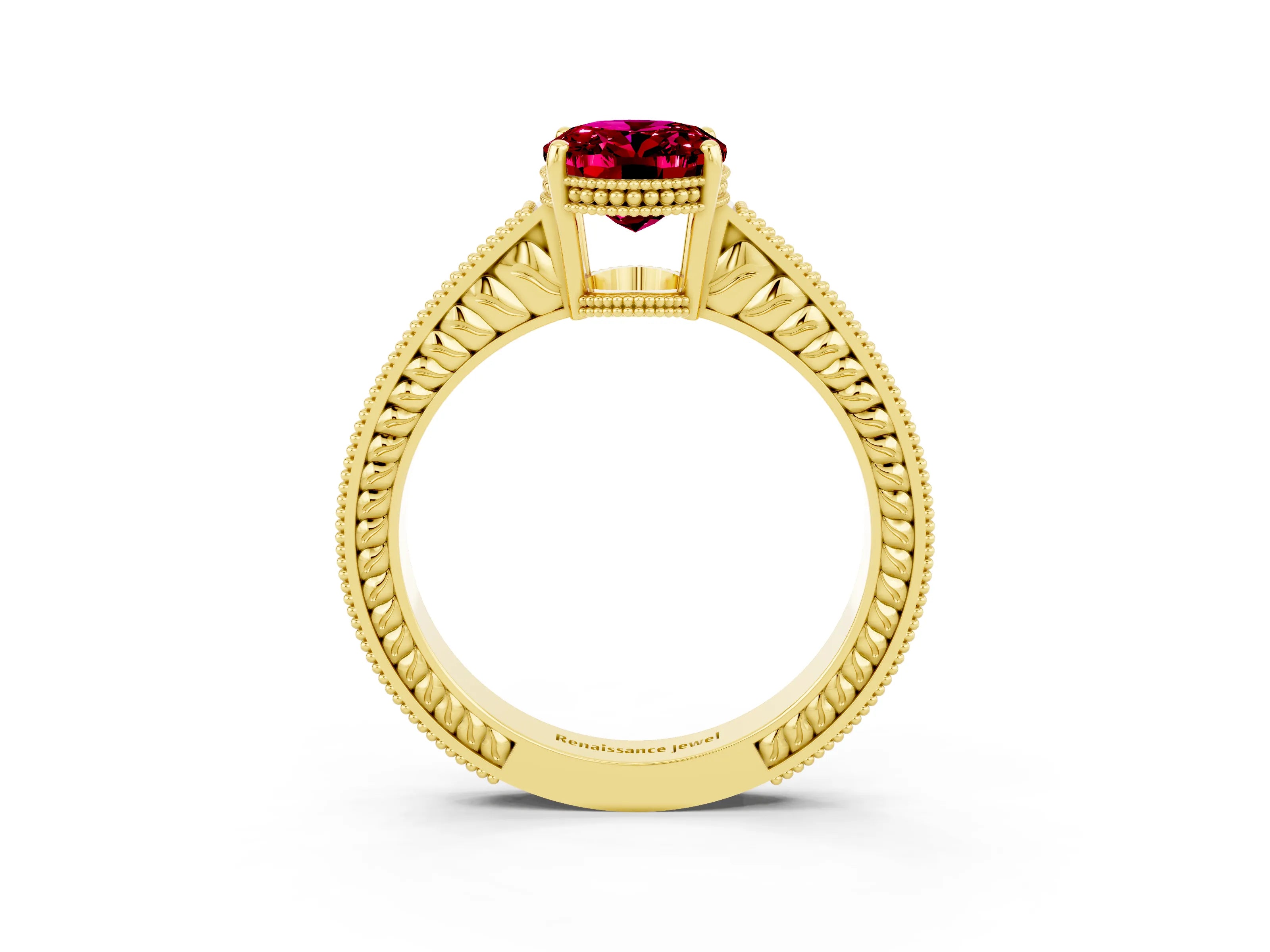 Yellow gold Oval Cut Garnet Ring with Milgrain Pavé Band and Four-Prong Setting_15
