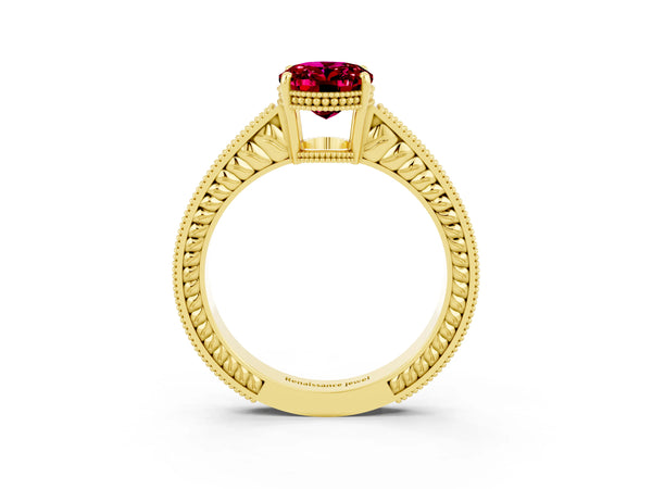 Yellow gold Oval Cut Garnet Ring with Milgrain Pavé Band and Four-Prong Setting