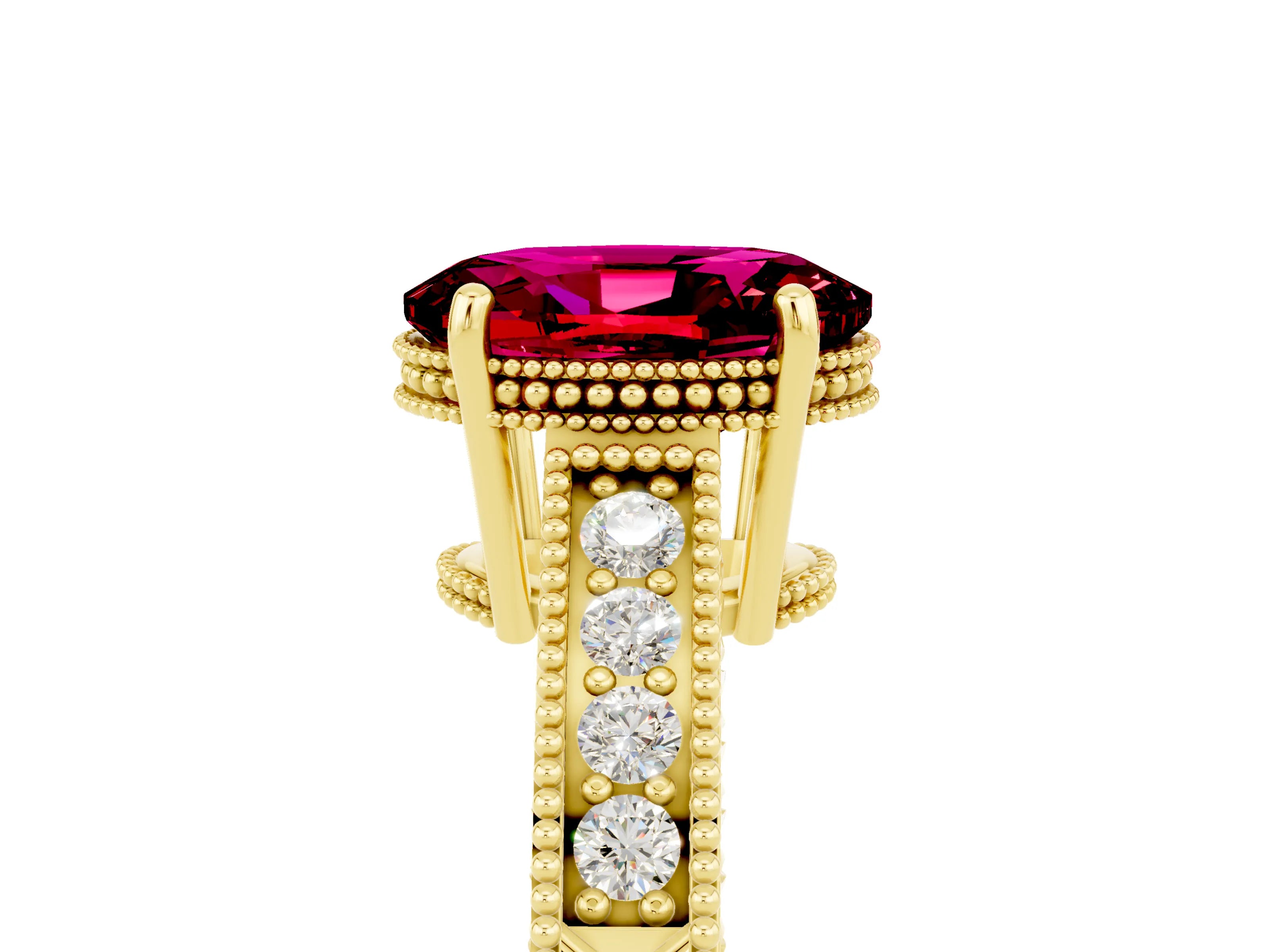 Yellow gold Oval Cut Garnet Ring with Milgrain Pavé Band and Four-Prong Setting_17