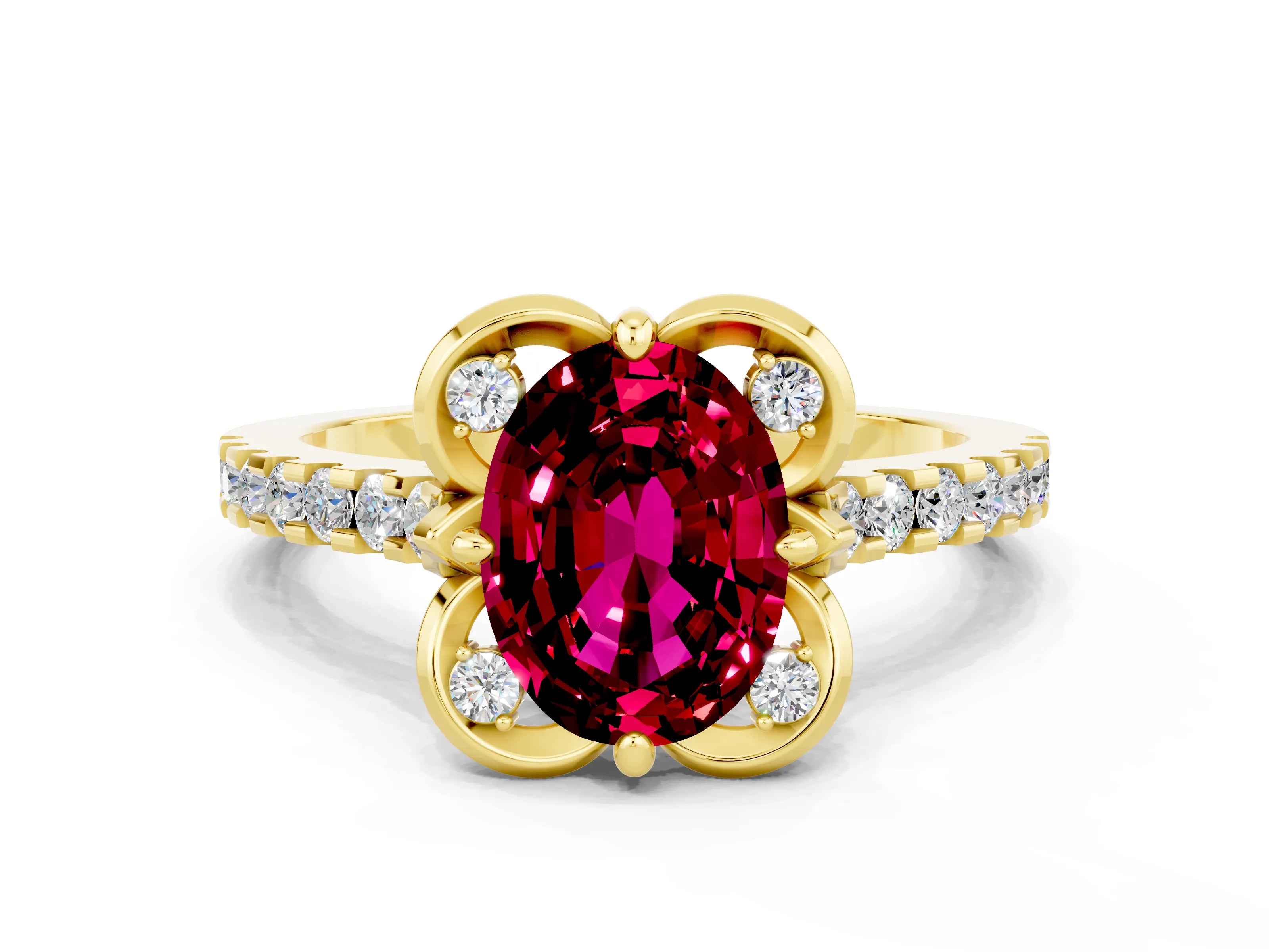 Yellow gold Oval Cut Garnet Ring with Pavé Band and Floral Prong Setting