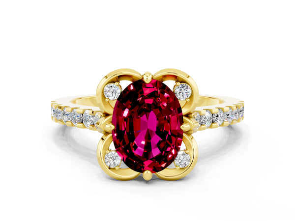 Yellow gold Oval Cut Garnet Ring with Pavé Band and Floral Prong Setting